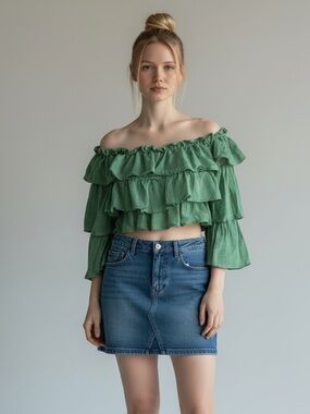 The Sang Kelly Green Off-Shoulder Ruffle Crop Top. Bell sleeves. Size L. Boho